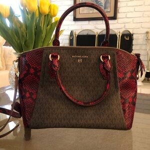 Michael Kors Brown Monogram Satchel with Red Snake-Print Trim
